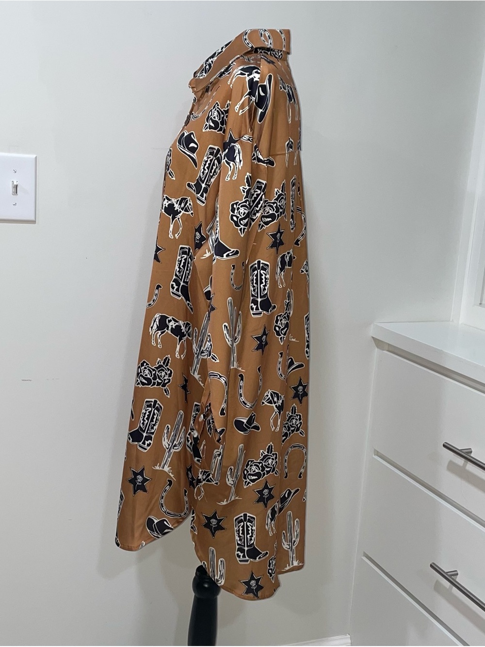 Western Shirt Dress Camel Toffee Brown Country Horse Rodeo Horseshoe Cowgirl - Picture 6 of 14
